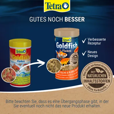 Tetra Goldfish Flakes mit verbessertem Rezept und neuem Design. Mit natürlichen Inhaltsstoffen, ohne Konservierungsstoffe und Farbstoffe. Hinweis: Übergangsphase zu neuem Produkt.
