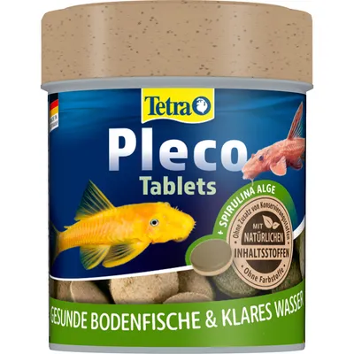 Boîte de comprimés Tetra Pleco Tablets, spiruline algue, pour poissons de fond. Texte visible : 'Mit natürlichen Inhaltsstoffen', 'Ohne Farbstoffe', 'Gesunde Bodenfische & klares Wasser'.