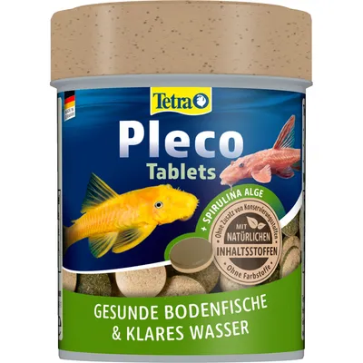 Tetra Pleco Tablets, spirulina alge, mit natürlichen inhaltsstoffen, gesunde bodenfische & klares wasser. Opakoweanie z tabletkami i grafiką dwóch ryb akwariowych.