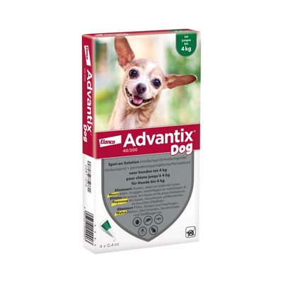 Advantix Spot-on oplossing voor honden tot 4 kg. Werkt tegen teken, vlooien, haarluizen en steekmuggen. Vermindert risico op leishmaniasis en ehrlichiose. Verpakking met 4 pipetten van 0,4 ml.