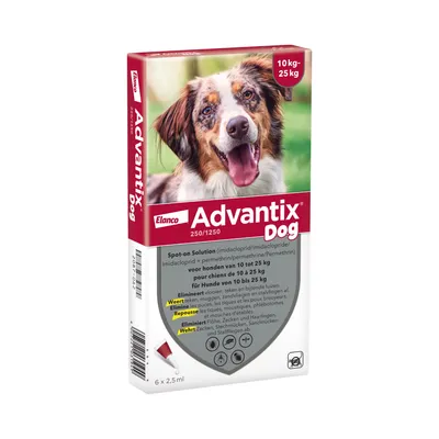 Advantix® 250/1250 Spot-On Solution voor Honden 10 - 25 kg - 6 Pipetten x 2,5 ml - BE