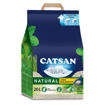 Sachet de litière agglomérante Catsan Natural 20L, 100 % biodégradable, fabriquée avec des matières premières renouvelables, ouverture facile, formation rapide de blocs compacts.