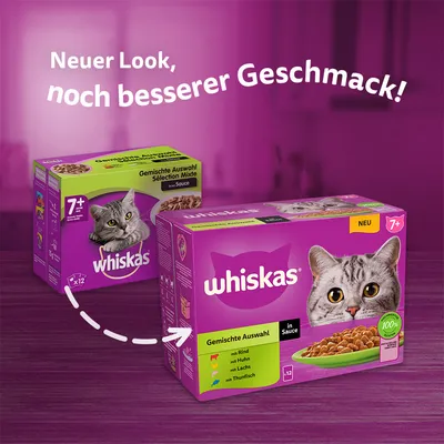 Whiskas 7+ Gemischte Auswahl in Sauce -kissanruokapakkaukset, uusi ja vanha ulkoasu. Teksti saksaksi: Neuer Look, noch besserer Geschmack!