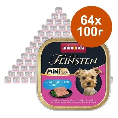 animonda Vom Feinsten Mini 100 г, 64 броя. Опаковка с етикет: mit Geflügel, Lachs + Dill. Изображение на пастет и копър. Видими малки опаковки на заден план.