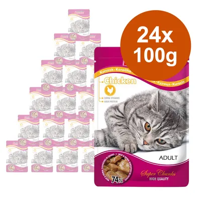 24x100g kattenvoer met kip, adult, Super Chunks, 74% vleesgehalte, extra vitamines, high protein. 24x100g kattenvoer met kip, adult, Super Chunks, 74% vleesgehalte, extra vitamines, high protein.