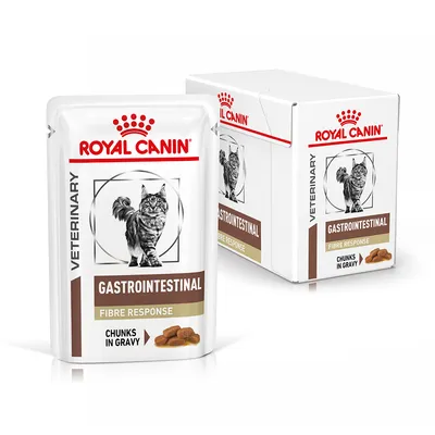 Royal Canin Veterinary Gastrointestinal Fibre Response kawałki w sosie. Opakowanie z wizerunkiem kota i opisem produktu.
