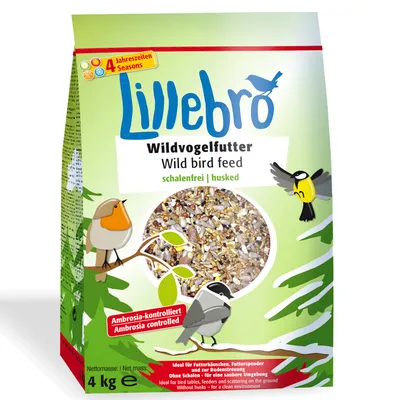 Lillebro Wildvogelfutter Wild bird feed, schalenfrei, Ambrosia-kontrolliert, 4 kg. För fågelbord och spridning på marken. Text på tyska och engelska synlig på förpackningen.