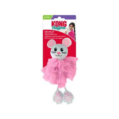 KONG Flingaroo Catnip játék, egér dizájn rózsaszín tülllel és csengőkkel a mancsokban. Elősegíti a vadászösztönt és lefoglalja a macskákat.