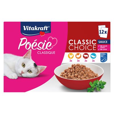 Vitakraft Poésie Classique, Classic Choice Sauce, 12 porcji. Bez dodatku cukru, bez zbóż. Warianty: kurczak, wołowina, jagnięcina, ryba. Certyfikat MSC.
