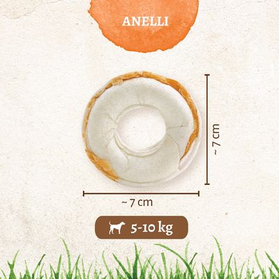 Anello per cani, diametro circa 7 cm. Indicazione di peso: 5–10 kg. Testo visibile: ANELLI.