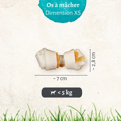 Os à mâcher Dimension XS, longueur ~7 cm, largeur ~2,8 cm, pictogramme chien <5 kg visible. Texte : Os à mâcher Dimension XS.