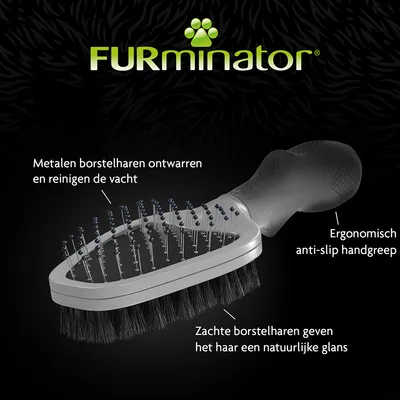 FURminator borstel met metalen borstelharen voor ontklitten en reinigen, zachte borstelharen voor glans, ergonomische anti-slip handgreep. Tekst: metalen borstelharen, ergonomisch handgreep.