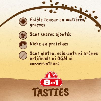 Faible teneur en matières grasses, sans sucres ajoutés, riche en protéines, sans gluten, colorants, arômes artificiels, OGM ni conservateurs. 8in1 Tasties.