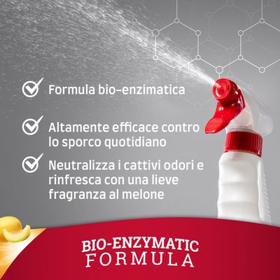 Formula bio-enzimatica, altamente efficace contro lo sporco quotidiano, neutralizza i cattivi odori e rinfresca con una lieve fragranza al melone. BIO-ENZYMATIC FORMULA.