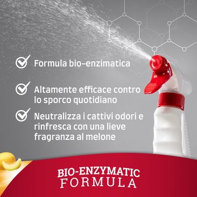 Formula bio-enzimatica, altamente efficace contro lo sporco quotidiano, neutralizza i cattivi odori e rinfresca con una lieve fragranza al melone. Testo in italiano.