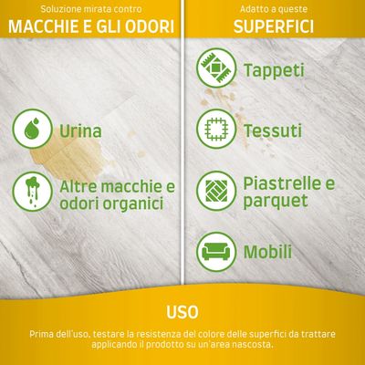 Soluzione contro macchie e odori: urina, altre macchie e odori organici. Adatto per tappeti, tessuti, piastrelle, parquet, mobili. Uso: testare su area nascosta prima dell’uso.