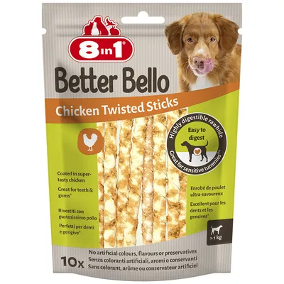 8 in 1 Better Bello Chicken Twisted Sticks, sachet de 10 bâtonnets torsadés pour chien, enrobés de poulet, sans colorant, arôme ni conservateur artificiel. Pour chiens >1 kg. 8 in 1 Better Bello Chicken Twisted Sticks, sachet de 10 bâtonnets torsadés pour chien, enrobés de poulet, sans colorant, arôme ni conservateur artificiel. Pour chiens >1 kg.