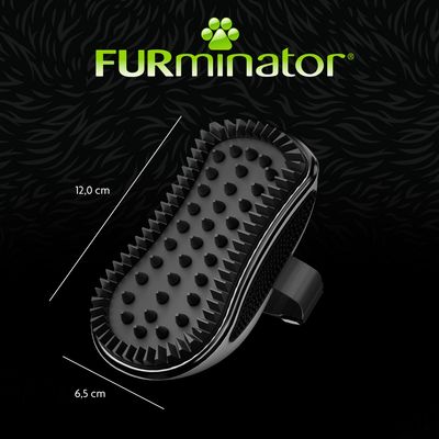 FURminator gummiborste med knoppar, mått: 12,0 cm x 6,5 cm. Produktbild med varumärkeslogotyp och storleksangivelse.
