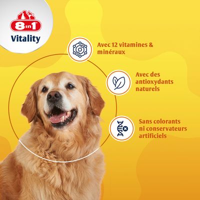 8in1 Vitality. Avec 12 vitamines et minéraux, avec des antioxydants naturels, sans colorants ni conservateurs artificiels.