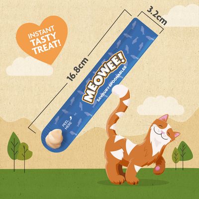 Meowee! Savoury Spoonables. Napravljeno od prave tune, bez umjetnih boja ili konzervansa, ugrađena žlica za manje nereda. Ilustracija mačke.