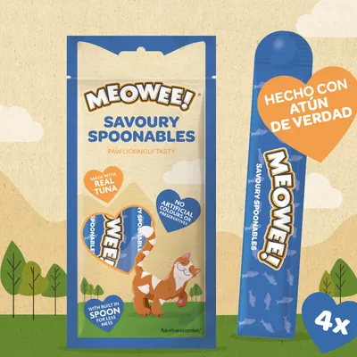 MEOWEE! Savoury Spoonables. Hecho con atún de verdad. Sin colorantes ni conservantes artificiales. 4x. Incluye cuchara incorporada para menos desorden.