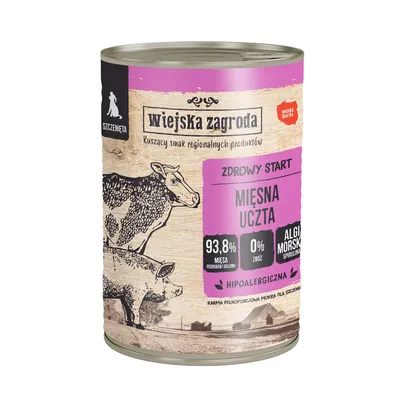 Wiejska Zagroda våtfoder för valpar, smak Mięsna Uczta, 93,8 % kött, 0 % spannmål, hypoallergen, med spirulinaalger.