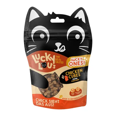 Lucky Lou's Chicken Cubes пиле, без зърнени храни, без добавена захар, произведено в Швейцария. Опаковка с котешки мотив и прозорец.