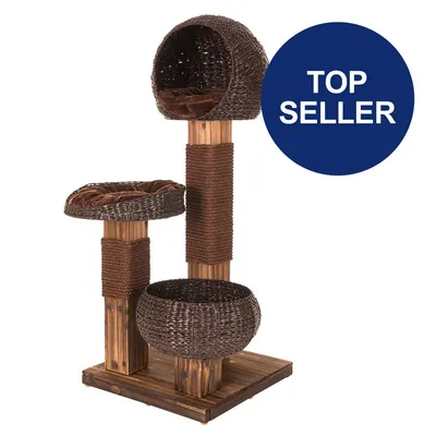 Kratzbaum aus Holz mit drei Ebenen und geflochtenen Körben, braun. Blauer Kreis mit Text 'Top Seller'.