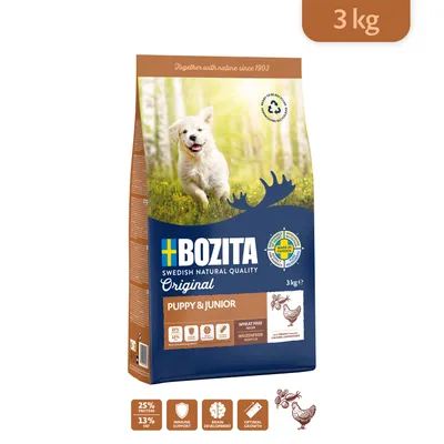 BOZITA Original Puppy & Junior koiranruoka, 3 kg. Vehnätön, 25 % proteiinia, 13 % rasvaa. Pakkauksessa kana-symboli ja merkintä 'Made in Sweden'. BOZITA Original Puppy & Junior koiranruoka, 3 kg. Vehnätön, 25 % proteiinia, 13 % rasvaa. Pakkauksessa kana-symboli ja merkintä 'Made in Sweden'.