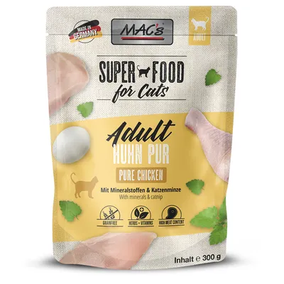 MAC's Superfood for Cats Adult Kyckling Pur, Made in Germany, med mineralämnen och kattmynta, spannmålsfri, örter och vitaminer, hög kötthalt, innehåll 300 g.