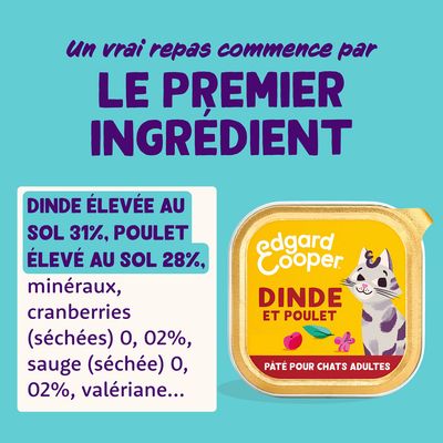 Edgard Cooper Dinde et Poulet, pâté pour chats adultes. Ingrédients : 31% dinde, 28% poulet, minéraux, canneberges séchées, sauge et valériane.