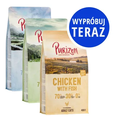 Purizon Chicken with Fish dla dorosłych kotów, 400 g. Widoczne napisy: 70% mięsa i ryb, 30% składników roślinnych, 0% zbóż. Niebieskie koło z tekstem: Wypróbuj teraz. Purizon Chicken with Fish dla dorosłych kotów, 400 g. Widoczne napisy: 70% mięsa i ryb, 30% składników roślinnych, 0% zbóż. Niebieskie koło z tekstem: Wypróbuj teraz.