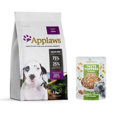 Applaws Hundefutter für grosse Rassen, Geschmacksrichtung Huhn. Getreidefrei, 75% Huhn, 25% Gemüse und natürliche Extrakte. Hypoallergen mit aktivem Probiotikum. Packungsgrösse: 7,5kg.
