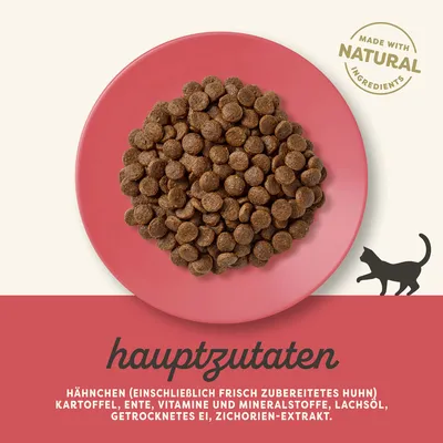 Hauptzutaten: Hähnchen (einschliesslich frisch zubereitetes Huhn), Kartoffel, Ente, Vitamine und Mineralstoffe, Lachsöl, getrocknetes Ei, Zichorien-Extrakt. Made with natural ingredients.