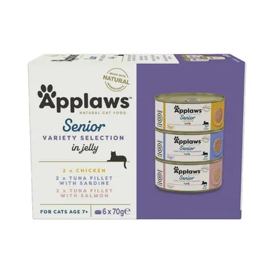 Senior variety selection in jelly, 6 x 70g. Includes 2 chicken, 2 tuna fillet with sardine, 2 tuna fillet with salmon. For cats age 7 and over. Made with natural ingredients.