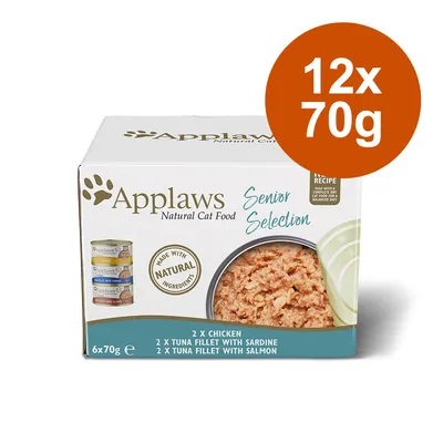 Applaws Natural Cat Food Senior Selection, 12x70g. Inhoud: 2x kip, 2x tonijnfilet met sardine, 2x tonijnfilet met zalm. Made with natural ingredients staat zichtbaar op de verpakking.