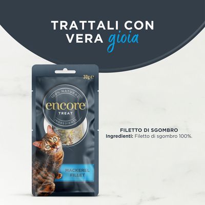 Encore Treat Filetto di sgombro, 100% ingredienti naturali, 30g. La confezione mostra un'immagine di gatto e il nome del prodotto.