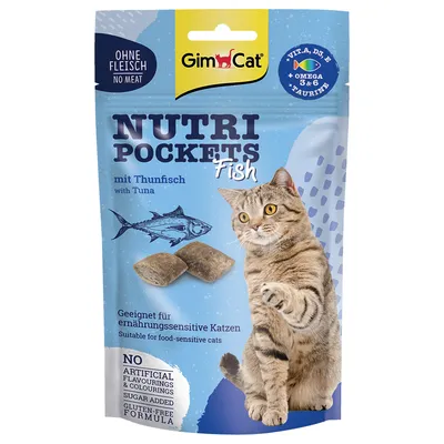 GimCat Nutri Pockets Fish s tuňákem. Vhodné pro nutričně citlivé kočky. Bez masa, bez umělých aromat, bez cukru, bezlepková receptura.