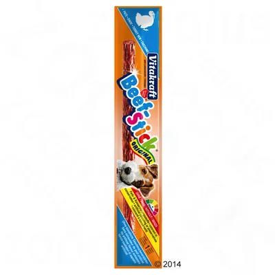 Pakiranje Vitalkraft Beef Stick Original, vidljiv štapić za pse, slika psa, oznaka 'Cheese – mast, nutritivni sadržaj', tekst na engleskom i njemačkom jeziku.