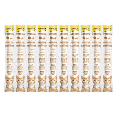 GimCat Sticks rijk aan kalkoen en konijn, graan- en suikervrije receptuur, zonder kunstmatige kleurstoffen, gemaakt in Duitsland.