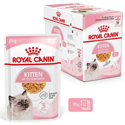 Royal Canin Kitten up to 12 months, 85 g pouch in jelly, soft texture for milk teeth, pack of 12, image of food and cat on packaging.