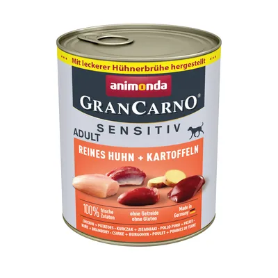 Animonda GranCarno Sensitiv Adult, pure chicken + potatoes. Made with tasty chicken broth, 100% fresh ingredients, grain-free, gluten-free, Made in Germany.