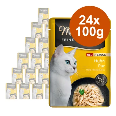 Miamor Feine Filets Huhn Pur en sauce, 24 sachets de 100 g. Texte visible : NEU in SAUCE, Huhn Pur, 100 % FILET, helle Filetstückchen. Image d’un chat blanc et filet de poulet.