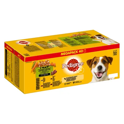 Pedigree Megapack 40 x 100g, gul emballage med produktoplysninger og billeder af ingredienser som gulerødder og kødstykker.
