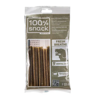 Snack 100%, snack vegetale per cani con alghe, aiuta a ridurre il tartaro e migliorare l’alito. Made in Italy. Fresh Breathe, Dental Care. Marca: Ferplast.