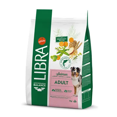 Sac de croquettes pour chien adulte Libra Mediterranean Balance au saumon, 3 kg. Texte visible : Digestive wellbeing, 24 % protein, sans conservateurs ni colorants artificiels.