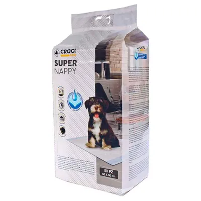 Croci Super Nappy, 50 Stück, 60 x 90 cm. Verpackung zeigt Hund auf einer Trainingsmatte. Symbole für absorbierende Technologie und geruchsneutralisierend sichtbar.