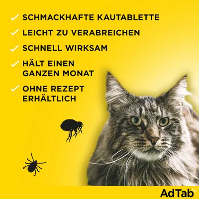 Schmackhafte Kautablette, leicht zu verabreichen, schnell wirksam, hält einen ganzen Monat, ohne Rezept erhältlich. AdTab.