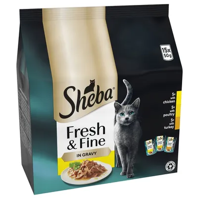 Sheba Fresh & Fine in Gravy, 15 x 50g pouches with 5 chicken, 5 poultry, and 5 turkey. Image shows product packaging and a plate of food.