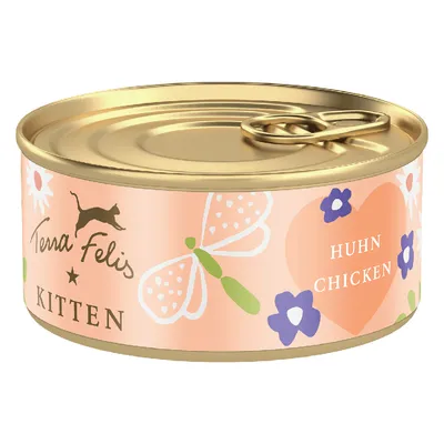 Terra Felis Kitten natvoerblik met kip, decoratief ontwerp met vlinder en bloemen.
